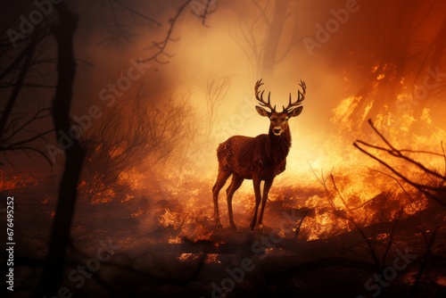 A deer standing amidst the flames and chaos of a burning forest © Radmila Merkulova