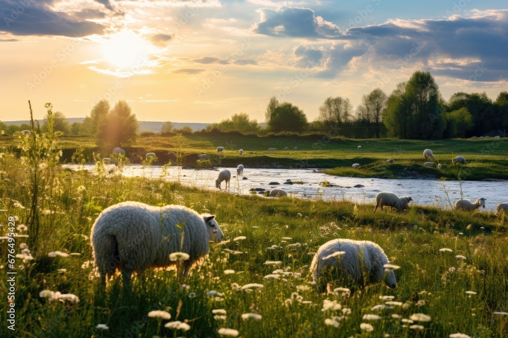 Fototapeta premium Meadow with sheep and flowering grass