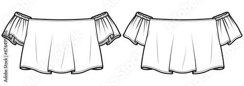 Women Off shoulder Flounce bardot blouse top design flat sketch fashion illustration drawing with front and back view. off shoulder Crop top blouse drawing vector template