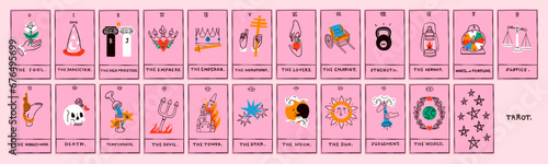 Tarot cards deck. Major arcana set. Unique minimal style. Trendy colorful design. Hand drawn Vector illustration. Pack of spiritual signs. Occult, alchemy, esoteric, magic mystery, prediction concept 