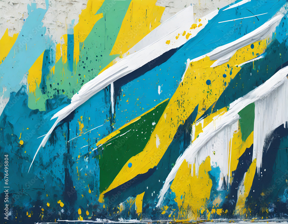 graffiti on the wall blue and yellow. abstract painting green yellow blue white painting
