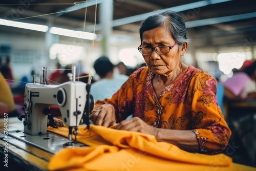 Focused elderly man tailor with Asian appearance sews things from natural fabric using sewing machine at clothes making factory. Handwork and sewing with help of mechanism in old age. Responsible work