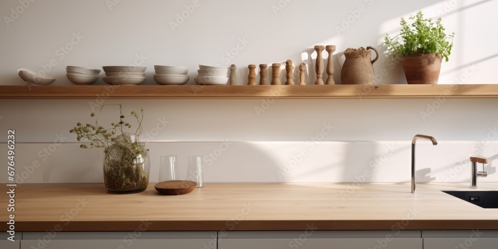 Fototapeta premium Close up details of modern designer touch kitchen with wooden details