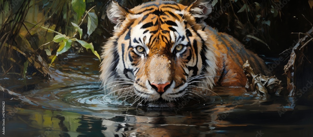 In the serene beauty of nature a majestic tiger rests in peaceful slumber its fierce face adorned with bold stripes capturing a stunning wildlife portrait of this graceful feline predator Th