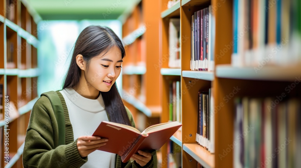 Asian female student in glasses reads book standing near shelves in university library. Obtaining knowledge at educational institution. Lady enjoys experience of curiosity and perseverance Asian female student in glasses reads book standing near shelves in university library. Obtaining knowledge at educational institution. Lady enjoys experience of curiosity and perseverance