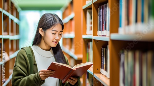 Asian female student in glasses reads book standing near shelves in university library. Obtaining knowledge at educational institution. Lady enjoys experience of curiosity and perseverance