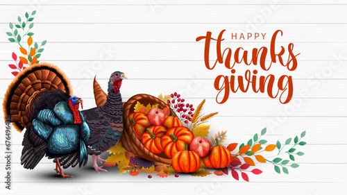 Happy thanksgiving greeting design with autumn leaves. white wooden background abstract vector illustration design. photo