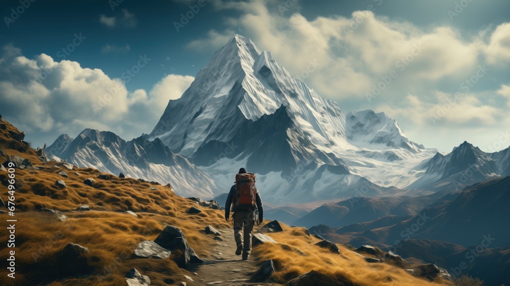 A hiker with a red backpack walks towards a towering, snow-capped mountain peak. Golden grasses line the rugged trail under a blue sky dotted with clouds. A hiker with a red backpack walks towards a towering, snow-capped mountain peak. Golden grasses line the rugged trail under a blue sky dotted with clouds.