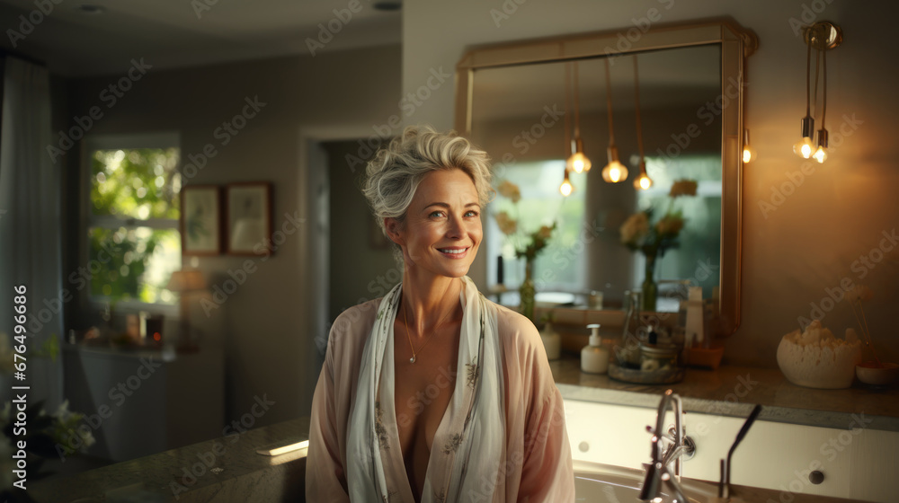 Sexy mature woman in bathrobe looking at camera at bathroom. - obrazy, fototapety, plakaty 