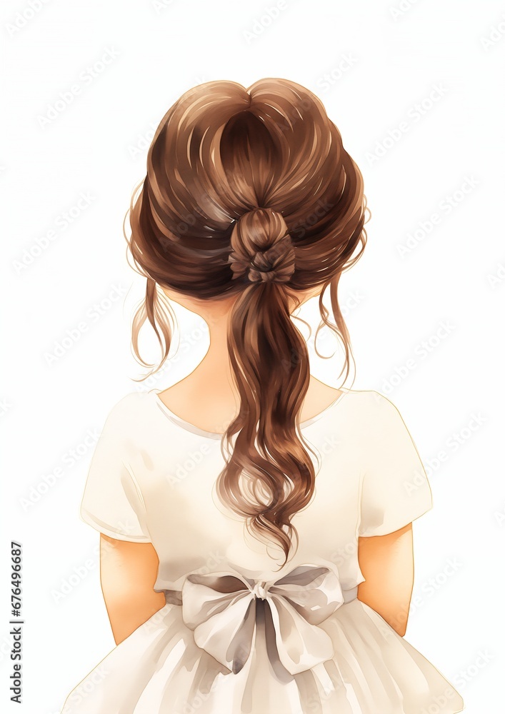 girl long hair dress illustration wearing bow back little kid test hope attractive features two buns hands grown - obrazy, fototapety, plakaty 
