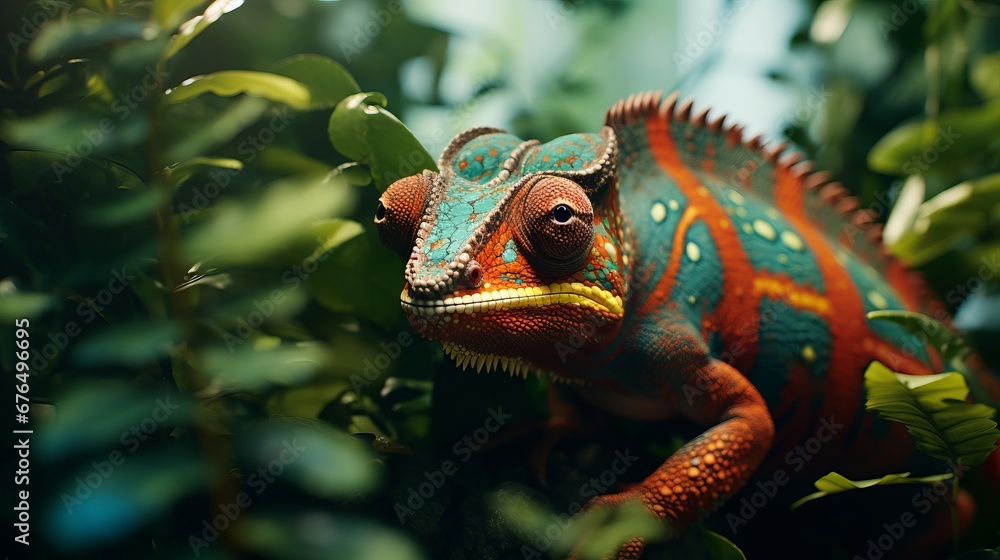 Vibrant Chameleon Camouflaging in Tropical Leaves Vibrant Chameleon Camouflaging in Tropical Leaves