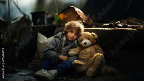 Sad child with a teddy bear sitting on the ground in the village.