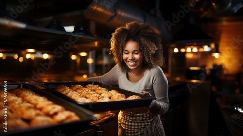 Smiling young african american woman holding baking tray with freshly baked croissants.