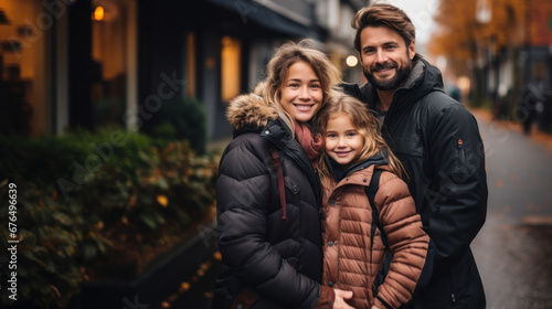 Happy family with little daughter in winter clothes looking at camera in city.