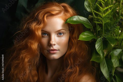  beauty portrait of a ginger woman with long hair posing with green leaf 