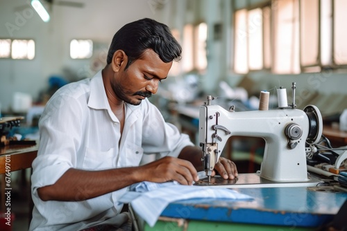 Focused middle aged man tailor with appearance sews things from natural fabric using sewing machine at clothes making factory. Handwork and sewing with help of mechanism in old age. Responsible work. photo