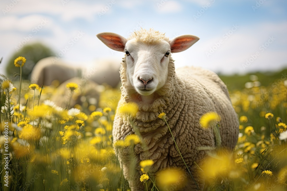 Meadow with sheep and flowering grass Meadow with sheep and flowering grass