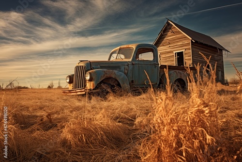 An old truck covered in grass, surrounded by ruins of old farm buildings