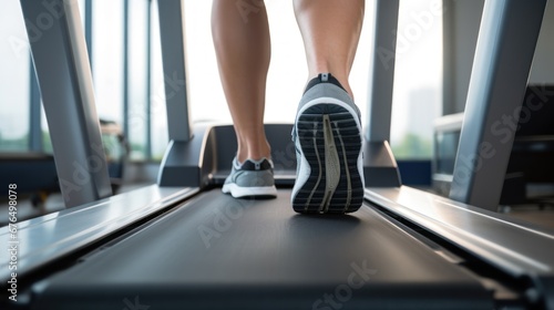 Legs of man running on treadmill in gym with modern sports equipment. Desire to get rid of fat and mass in adulthood. Hard work to get perfect body and exercise for chubby people concept