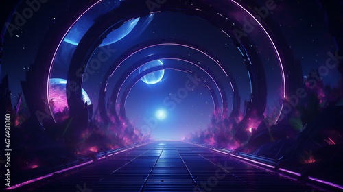 a tunnel with neon lights and a long line of cars