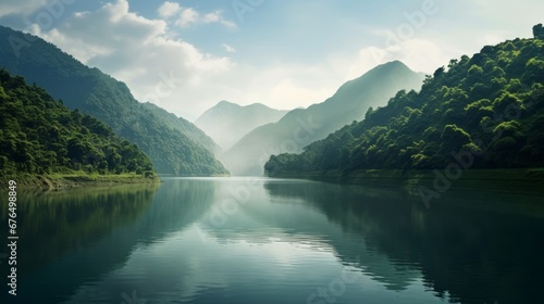 A serene lake surrounded by lush green mountains AI generated illustration