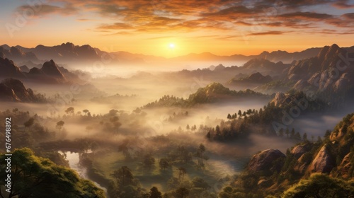 A serene sunrise over a mist-covered valley AI generated illustration