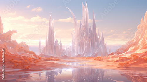 abstract landscape of windswept glass sculptures in a desert, isolated alien planet at sunrise or sunset