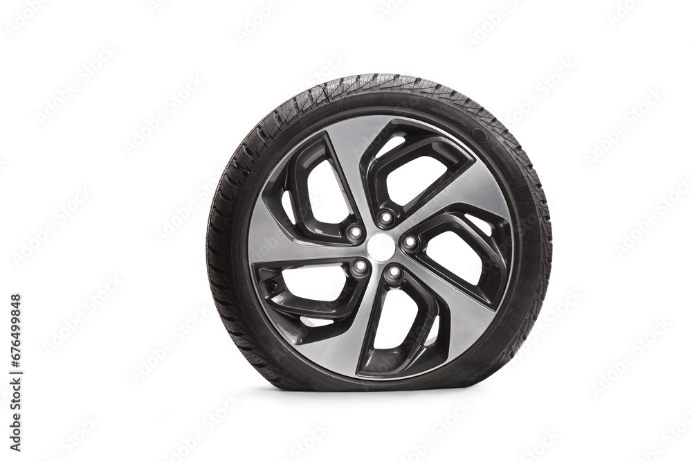 Obraz premium Studio shot of a flat vehicle tire with a rim