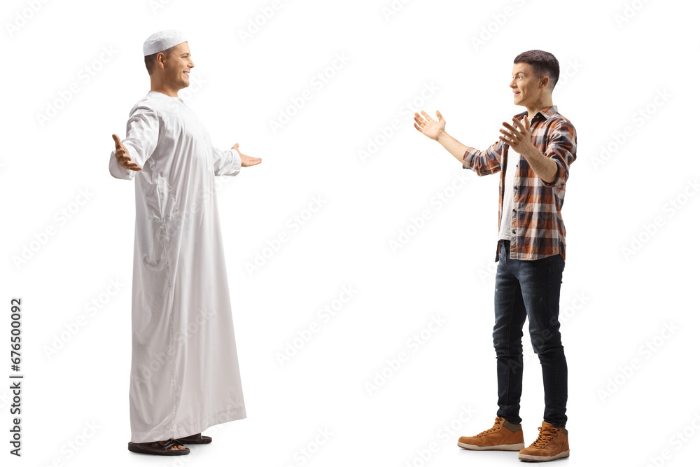 Muslim man meeting a male teenage guy Muslim man meeting a male teenage guy