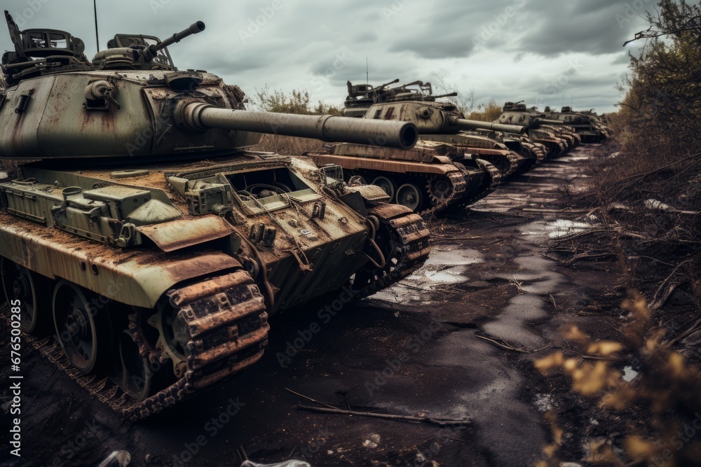 Lines of retired tanks, their metallic surfaces corroded and entangled with foliage Lines of retired tanks, their metallic surfaces corroded and entangled with foliage