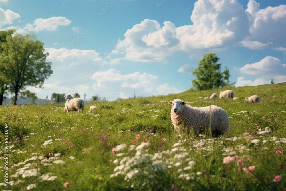 Fototapeta premium Meadow with sheep and flowering grass