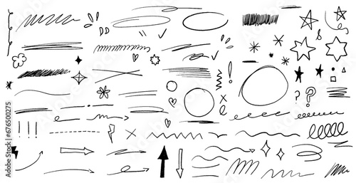 Set of slim grungy doodles for daily planner, hand drawn notebook sheets and arrows. Pencil goodnotes digital stickers, hand drawn textured underlines and strikethrough, scribble emphasis