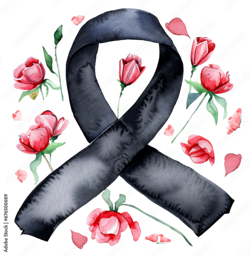 Czarna wstążka żałobna z kwiatami - obrazy, fototapety, plakaty 
