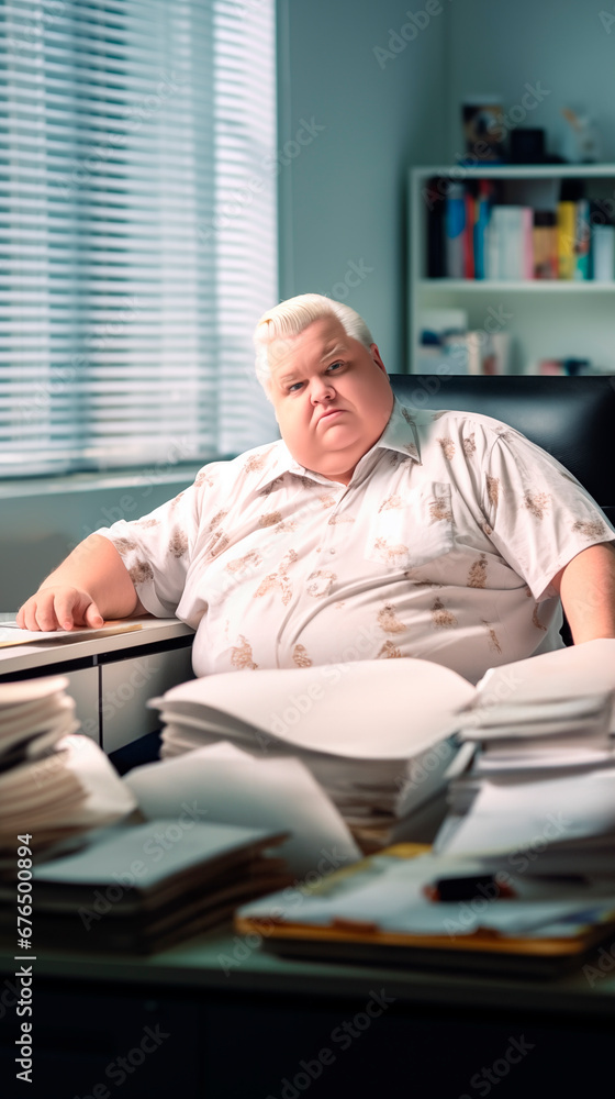 A stout man is sitting in an office office at a desk littered with papers