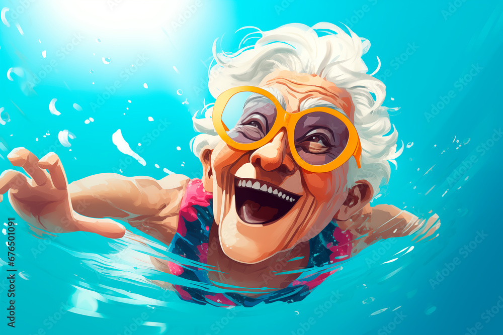Fototapeta premium Joyful active old woman in the pool