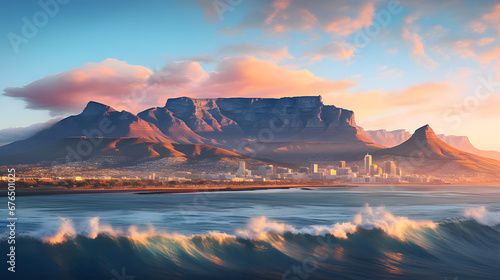 A photo of Table Mountain, with the breathtaking Cape Town skyline as the background, during golden hour