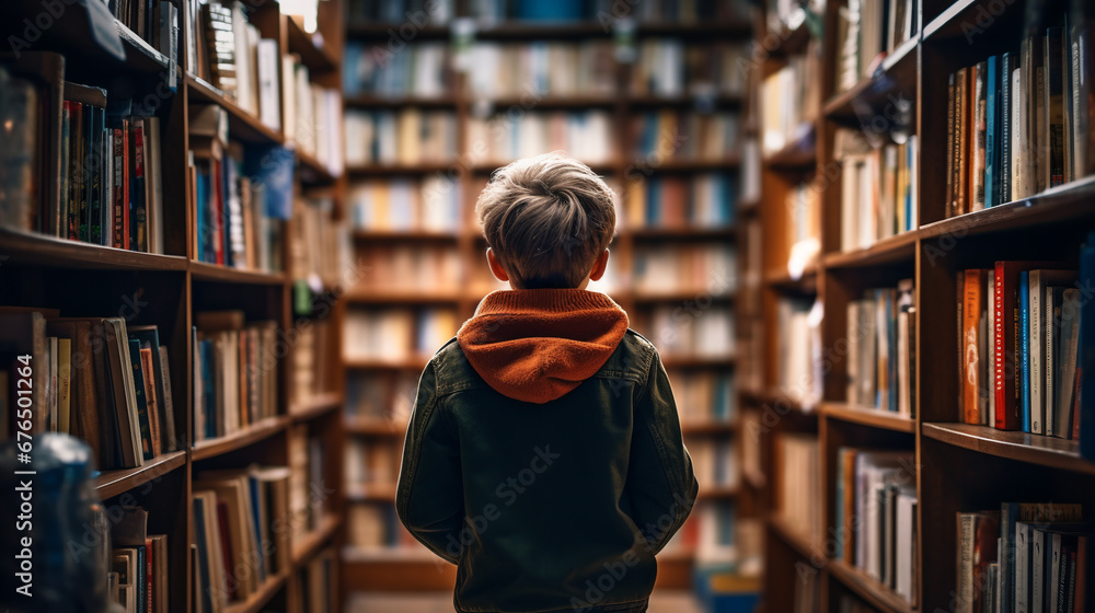 A child among the library shelves. ai generative A child among the library shelves. ai generative
