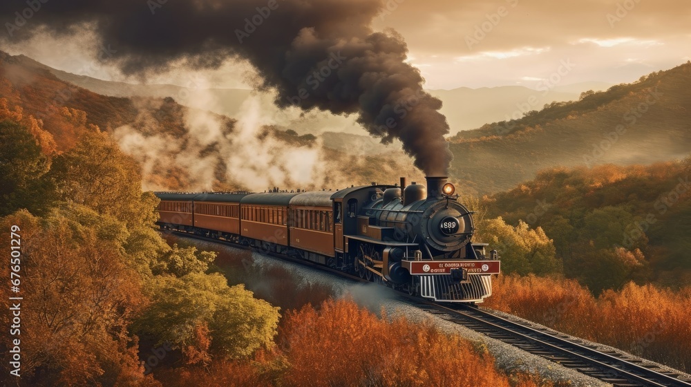 A vintage train chugging through a scenic countryside  AI generated illustration - obrazy, fototapety, plakaty 