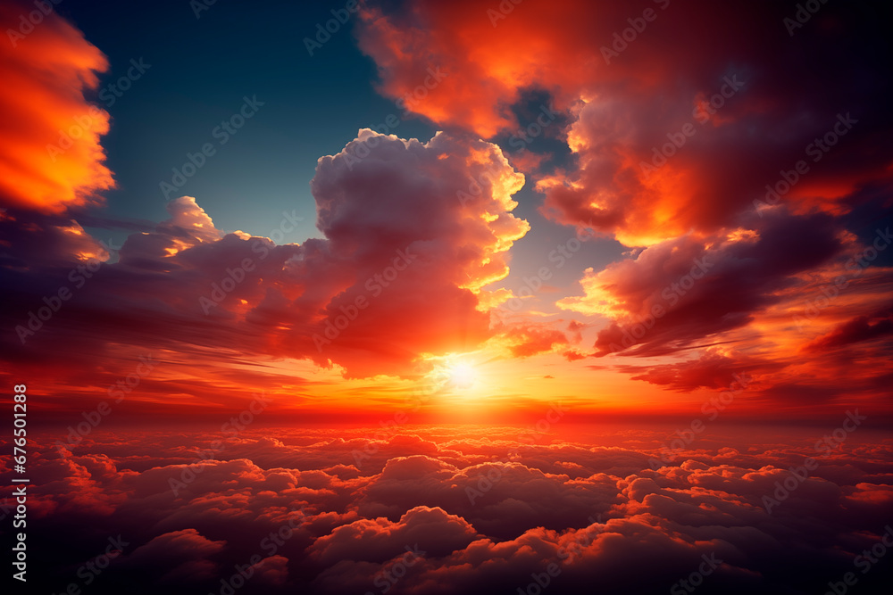 Dramatic red colorful sunset. Flying above the clouds.