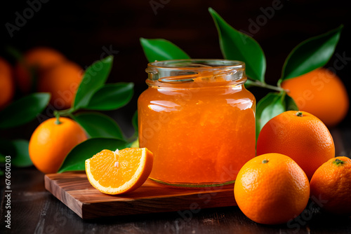 A glass jar of orange jam with fresh fruit on a wooden table. Delicious dessert