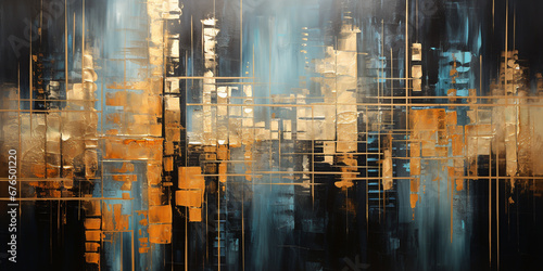 A colorful oil painting with abstract patterns composed of black and gold. ai generative