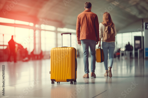 The concept of travel. Passengers in the waiting room. Travelers. Married couple photo