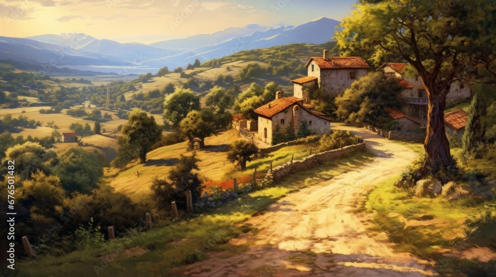 A winding road leading to a charming countryside  AI generated illustration