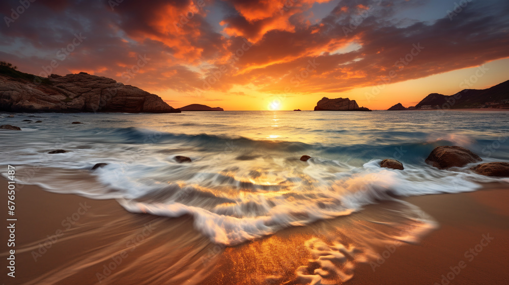 A beautiful sunrise from the shore of the beach. ai generative A beautiful sunrise from the shore of the beach. ai generative
