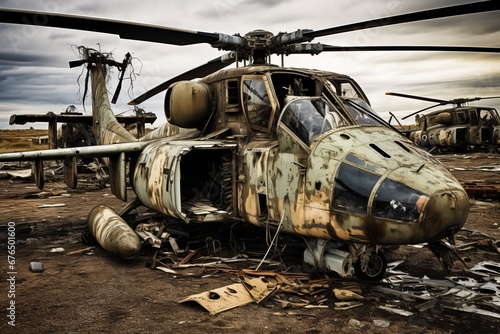 Deserted helicopters strewn across an abandoned airfield, their once sleek frames now weathered and worn