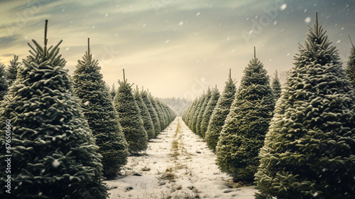 straight rows on a farm with Christmas trees. ai generative