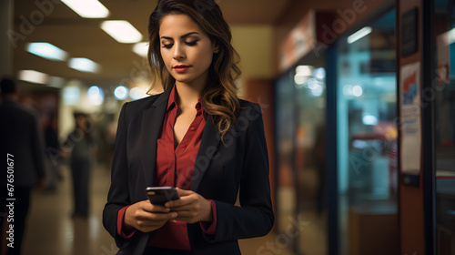 Éxito Empresarial: Latina Observando su Teléfono en Oficina