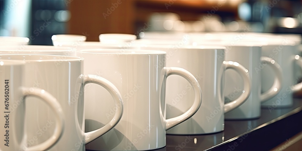 Stacks of Clean Mugs at Hotel Breakfast Buffet, White Cups Stacks of Clean Mugs at Hotel Breakfast Buffet, White Cups