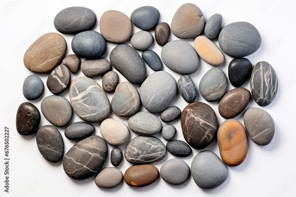 Sea Pebbles Isolated, Flat Round Stones, Gray Circle Rock Pieces, Sea Pebbles Pile on White Background Sea Pebbles Isolated, Flat Round Stones, Gray Circle Rock Pieces, Sea Pebbles Pile on White Background
