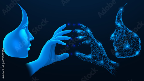 Human contact with artificial intelligence.  Polygonal design. Blue background.